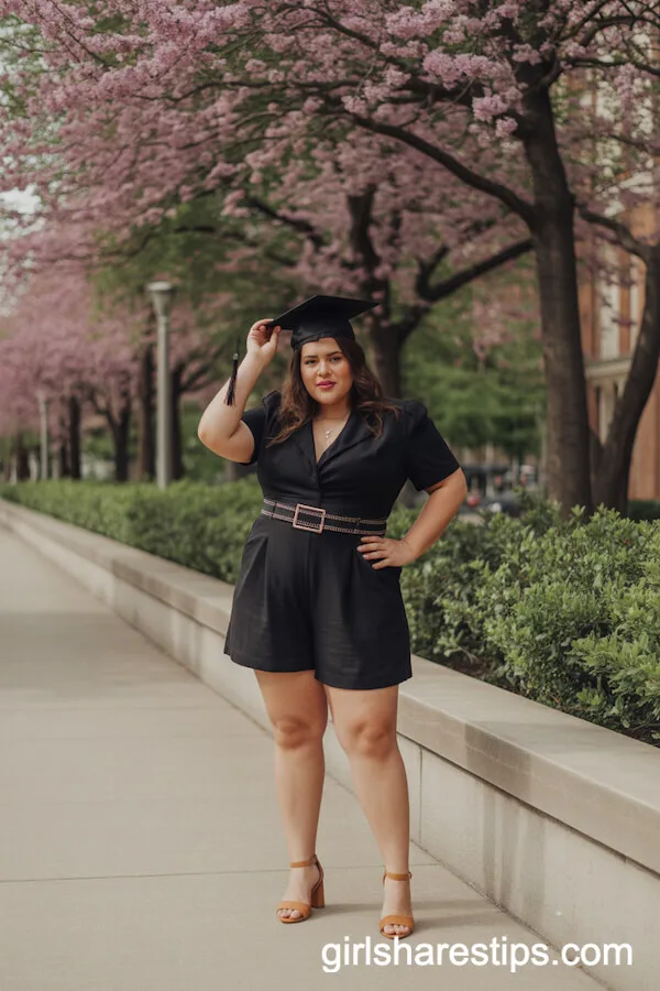 Black Romper with Statement Belt and Tan Heels
