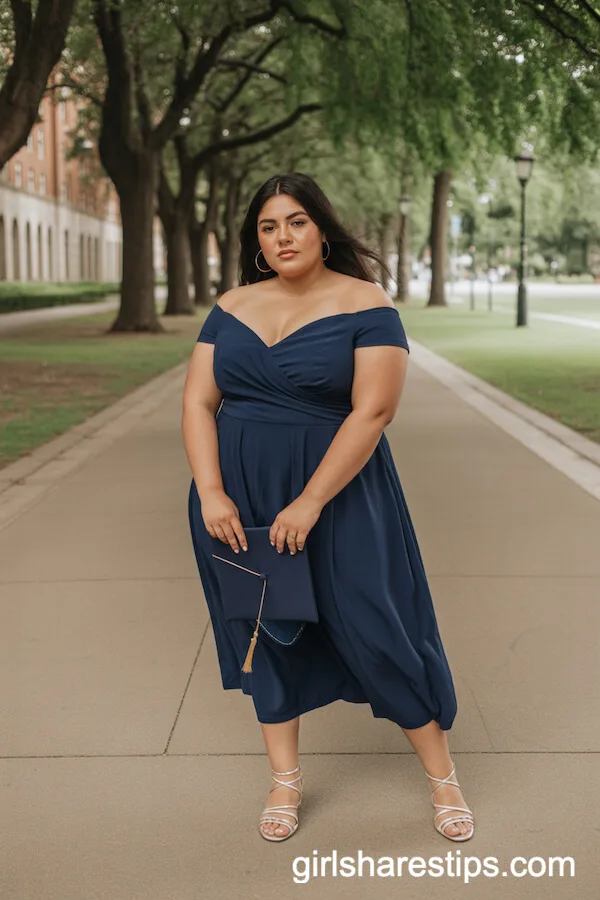 Elegant Navy Off-Shoulder Midi Dress with Nude Sandals