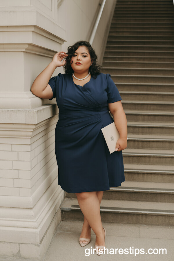 Classic Navy Sheath Dress with Pearls and Kitten Heels