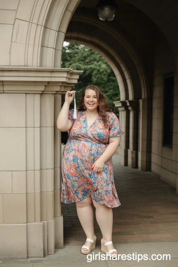 Colorful Floral Wrap Dress with White Wedges