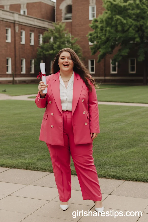 Bright Pink Pantsuit with White Blouse and Heels