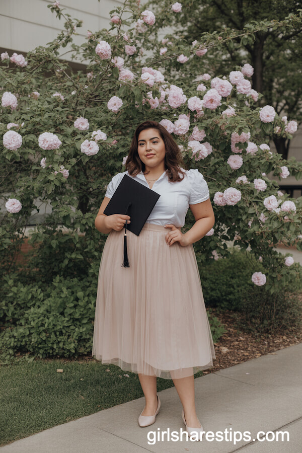Pale Blush Tulle Midi Skirt with Fitted Blouse
