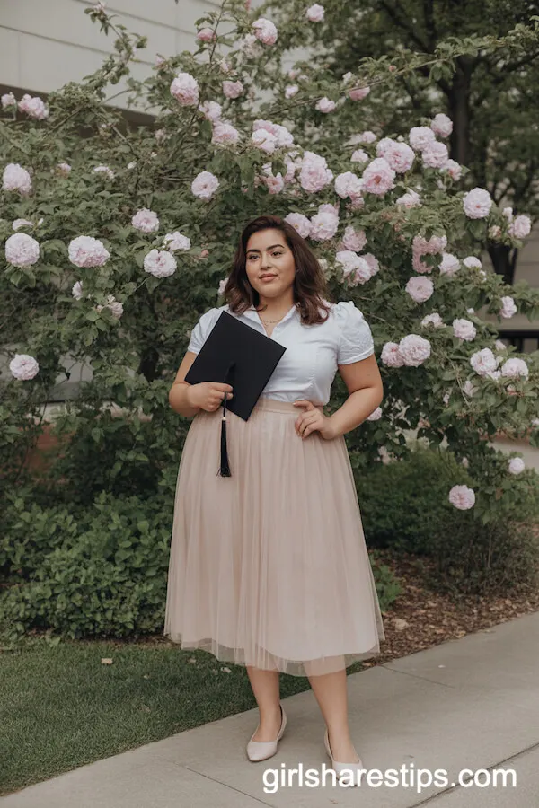 Pale Blush Tulle Midi Skirt with Fitted Blouse