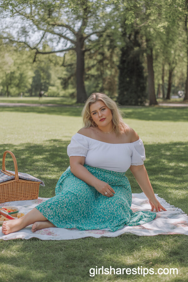 Flowy Green Floral Skirt with White Off-Shoulder Blouse