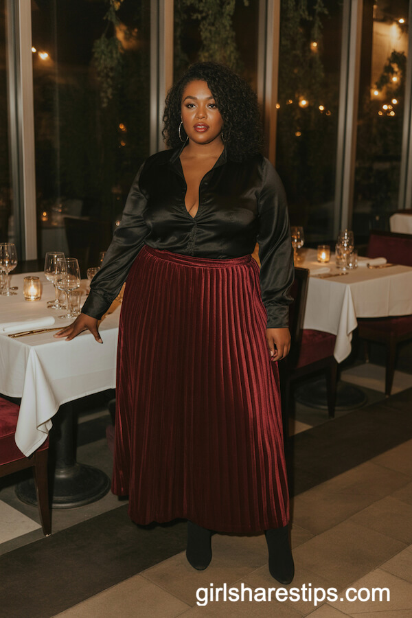 Velvet Red Skirt with Fitted Black Blouse