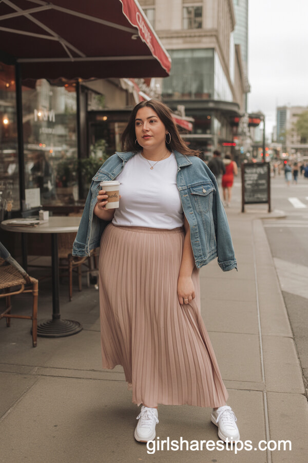 Pleated Blush Pink Skirt with Denim Jacket