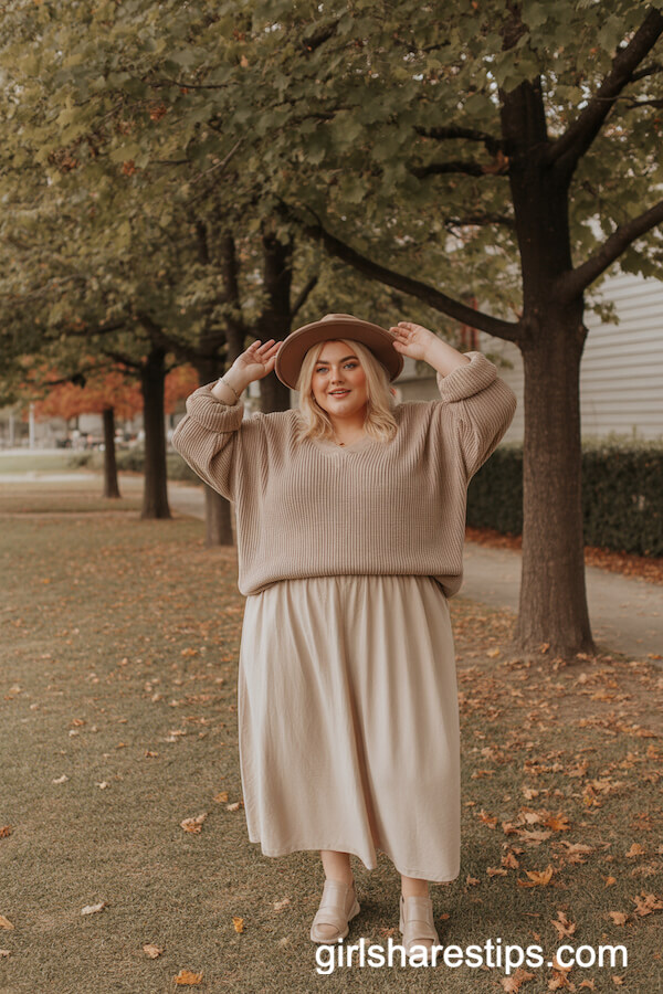 Beige Long Skirt with Taupe Sweater