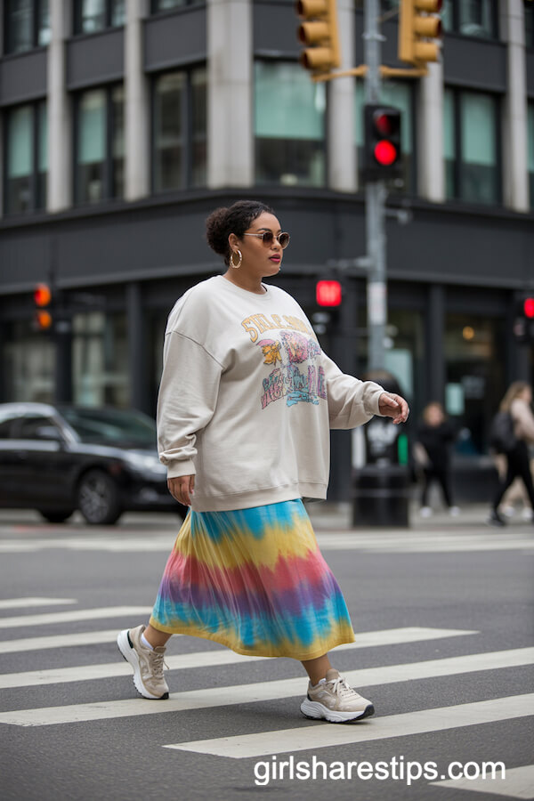 Colorful Tie-Dye Skirt with Graphic Sweatshirt