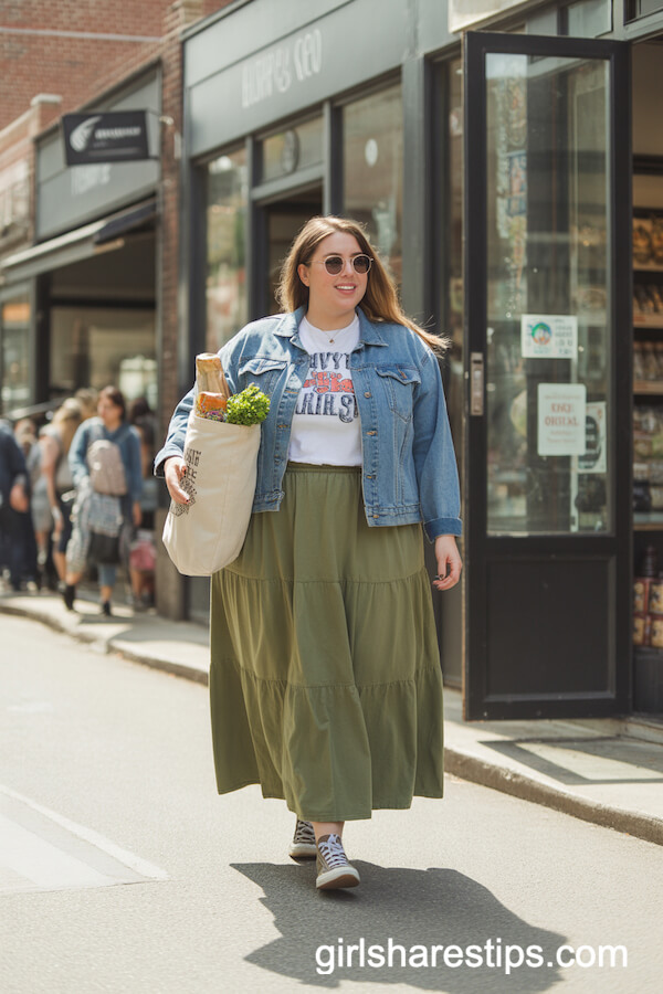Olive Green Cotton Skirt with Denim Jacket