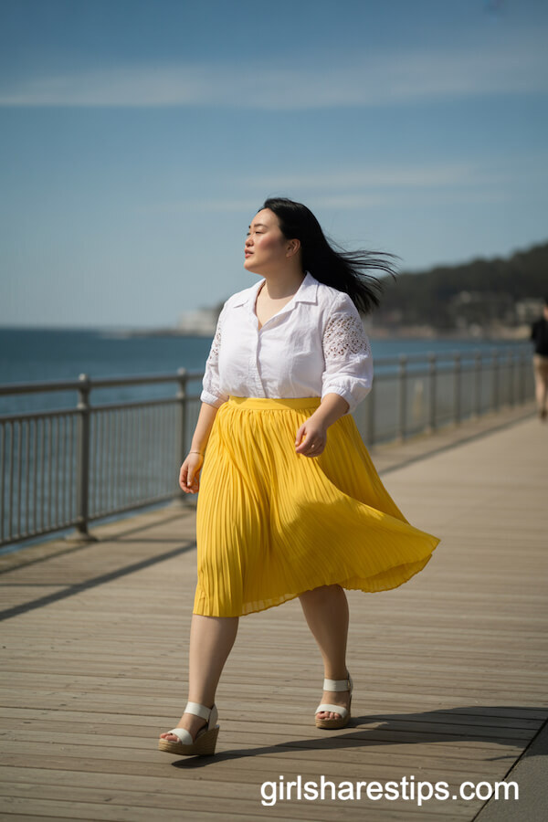 Yellow Pleated Skirt with White Lace Blouse
