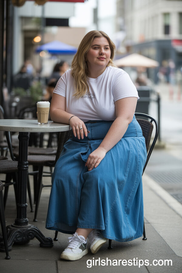 High-Waisted Denim Maxi Skirt with Graphic Tee