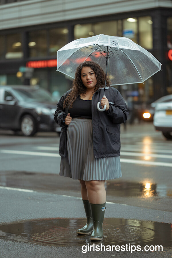 Gray Pleated Skirt with Raincoat and Boots