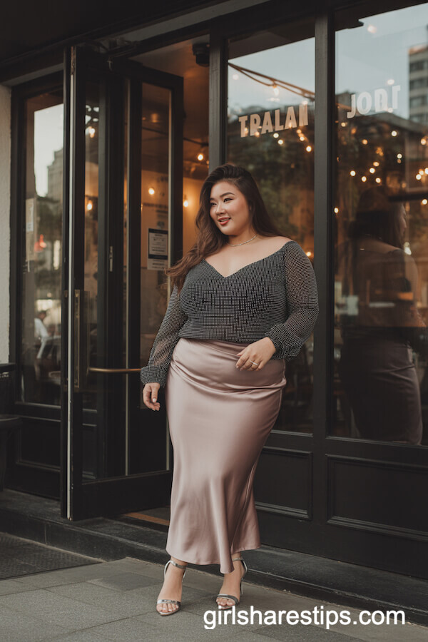 Sleek Satin Skirt with Sparkly Off-Shoulder Blouse