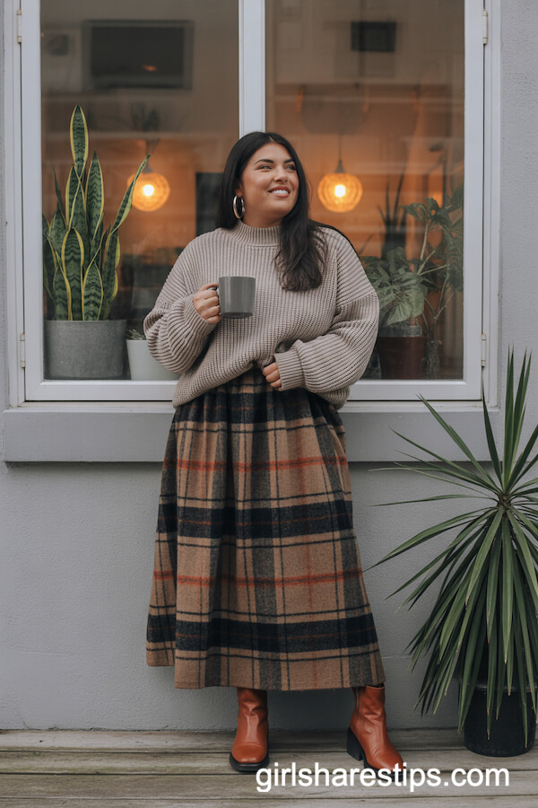 Wool Plaid Maxi Skirt with Oversized Sweater