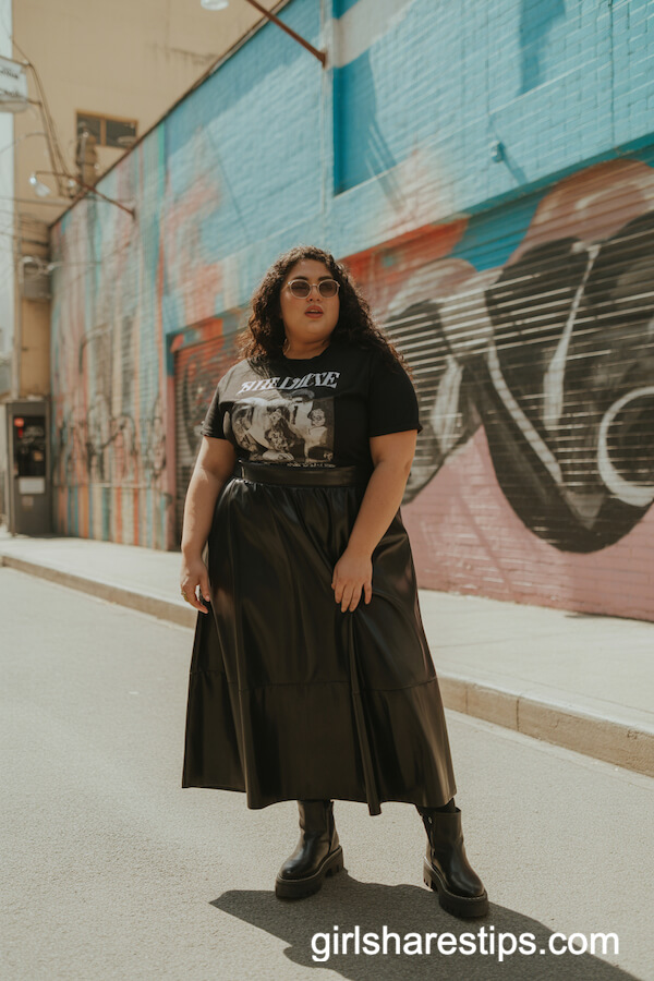 Faux Leather Skirt with Band Tee and Chunky Boots