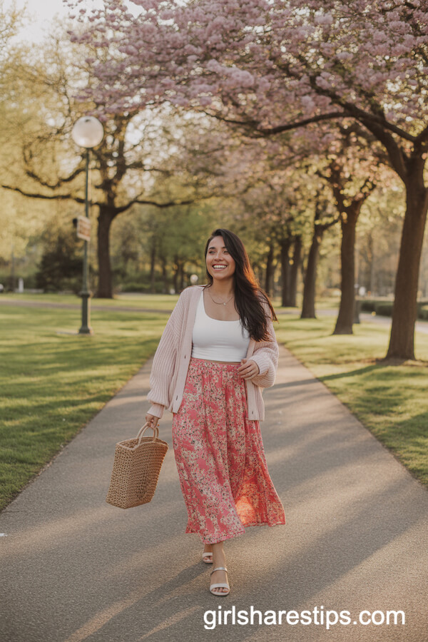 Bright Floral Maxi Skirt with Pastel Cardigan