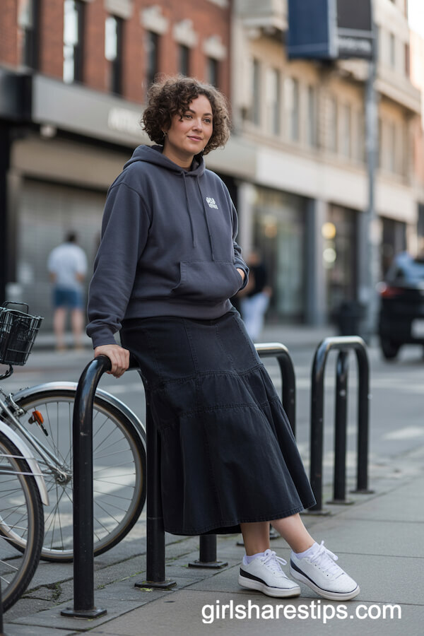 Dark Cotton Maxi Skirt with Hoodie and Sneakers