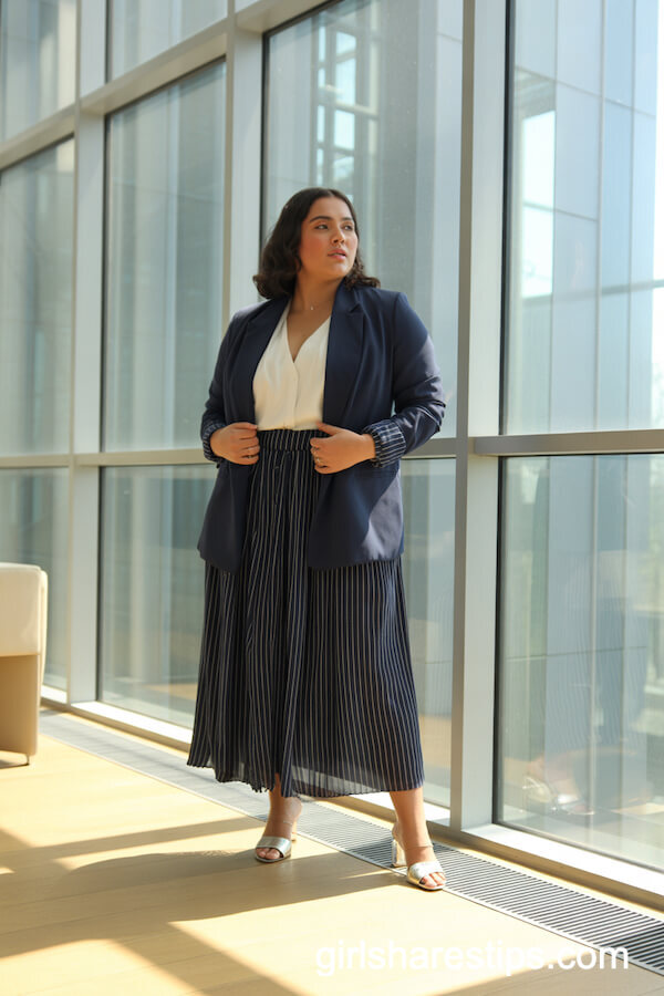 Navy Striped Skirt with Tailored Blazer