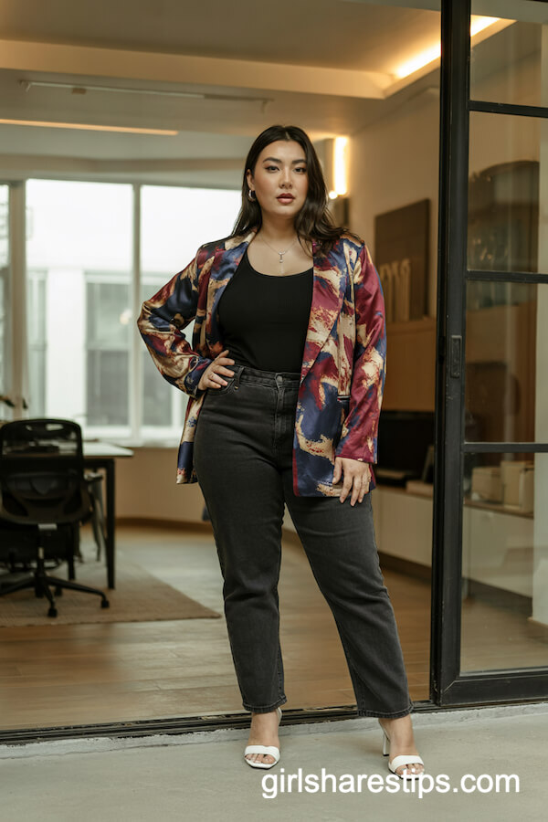 Printed Blazer and Straight Jeans Statement