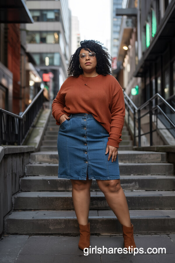 Denim Skirt and Burnt Orange Sweater