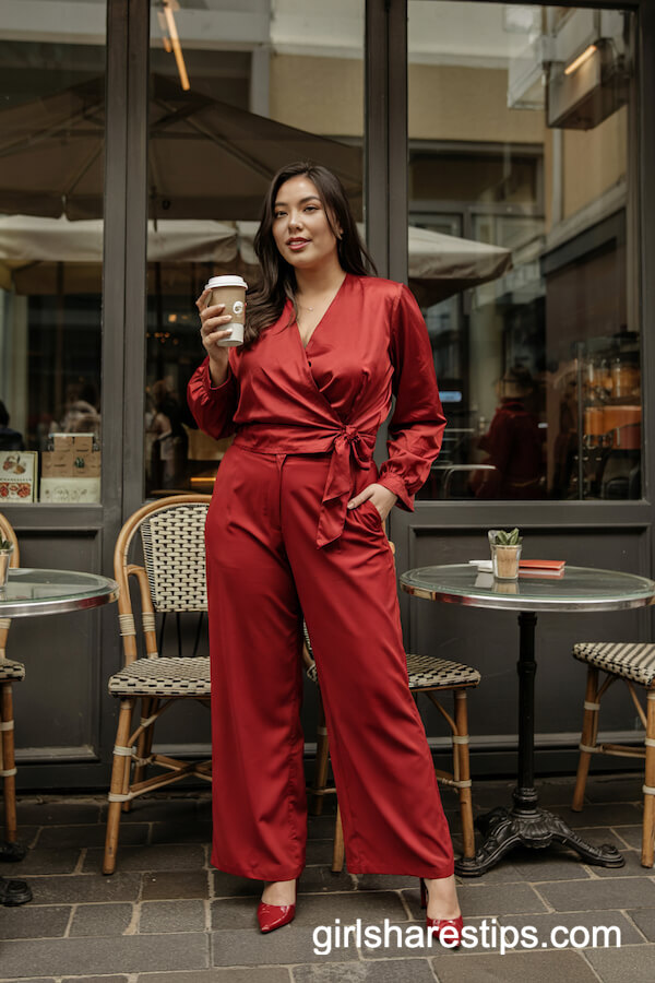 Monochrome Red Wrap Blouse and Wide-Leg Pants