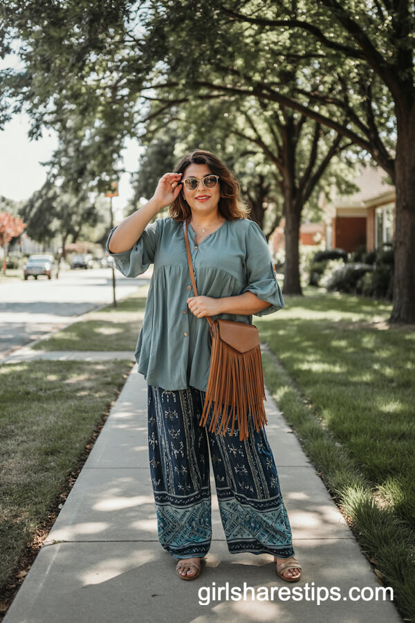Boho Tunic and Patterned Wide-Leg Pants