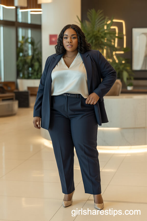 Navy blazer and tailored trousers