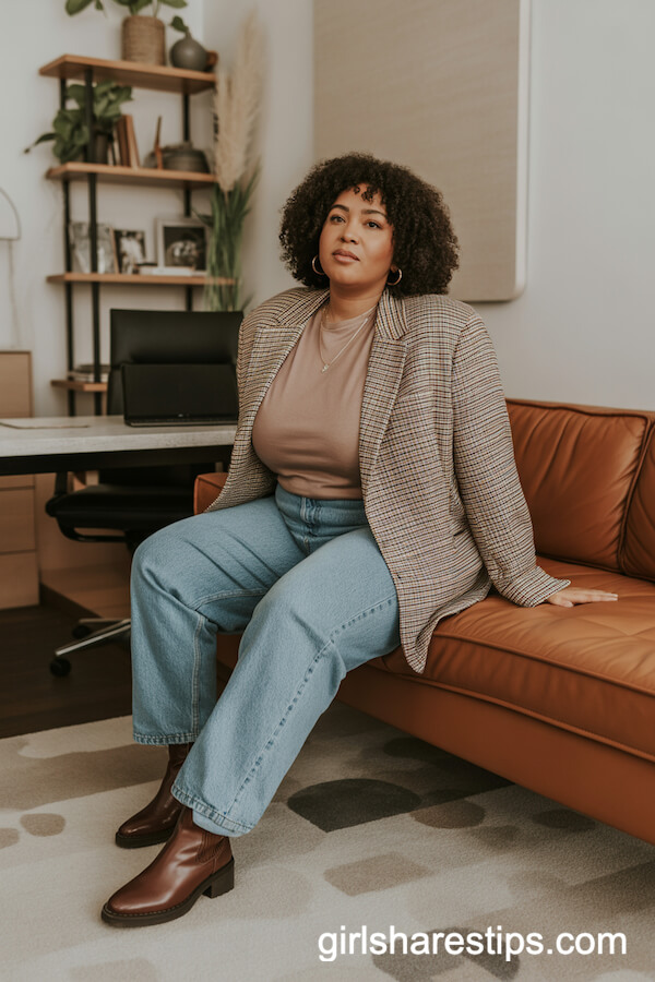 Checked blazer with straight-leg jeans