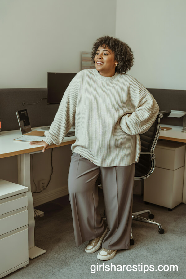 Oversized cream knit sweater with gray slacks