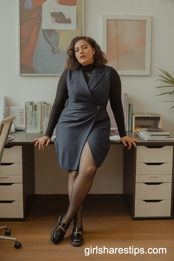 Sleeveless navy dress over black turtleneck