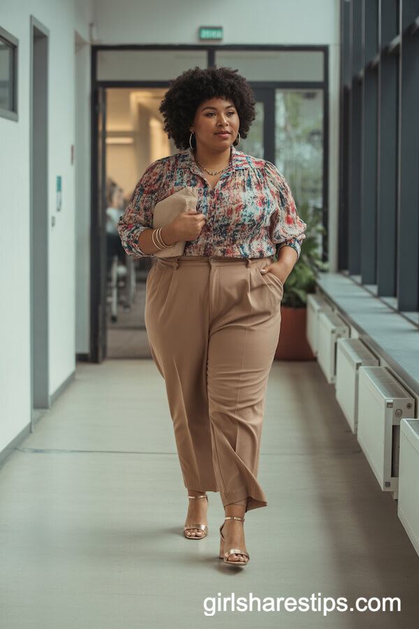 Colorful printed blouse with tan trousers