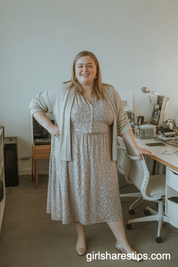 Floral-print midi dress with light cardigan
