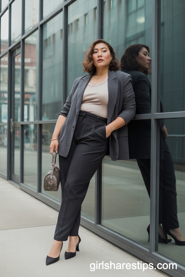 Blazer thrown over shoulders with black slacks