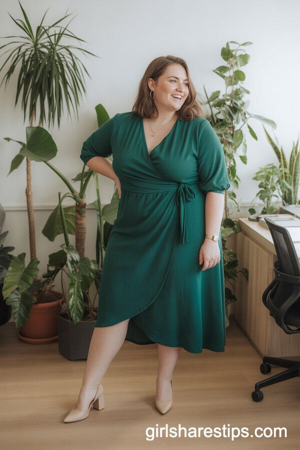 Deep green wrap dress with nude heels