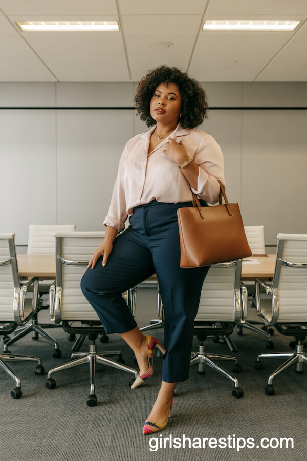 Tailored cropped navy trousers with soft pink blouse