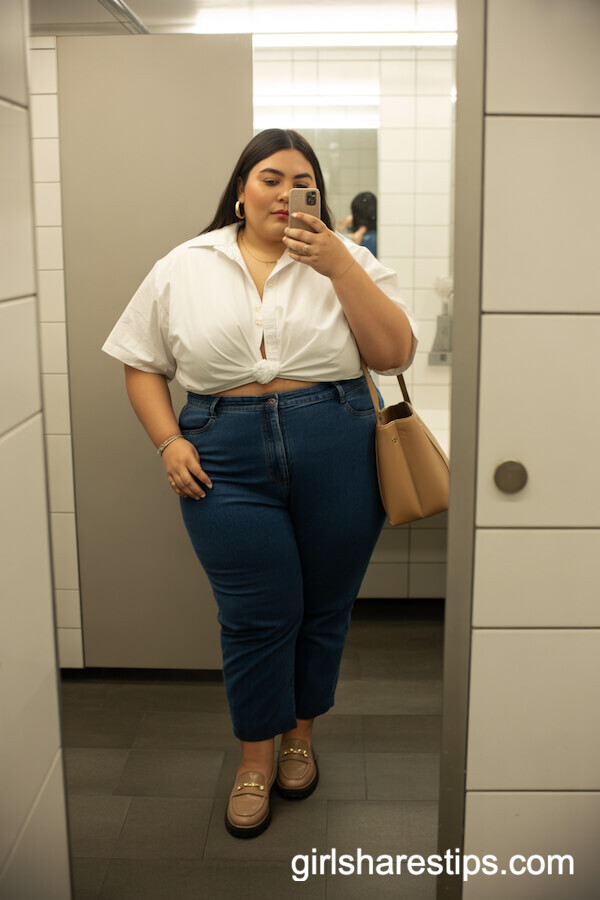 Dark blue jeans with a crisp white button-up shirt