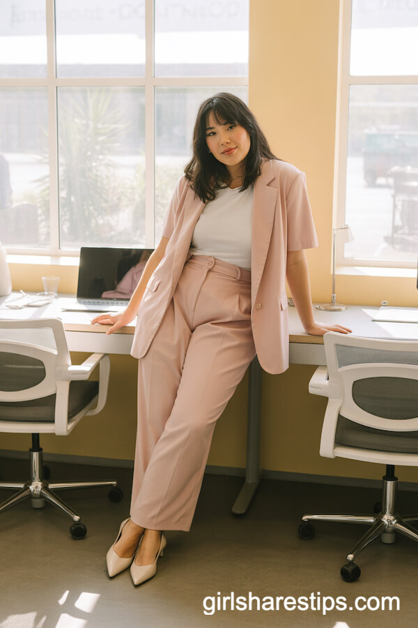Soft pastel pink pantsuit with white t-shirt