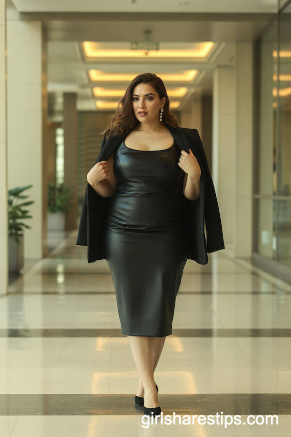Fitted black midi dress with black blazer