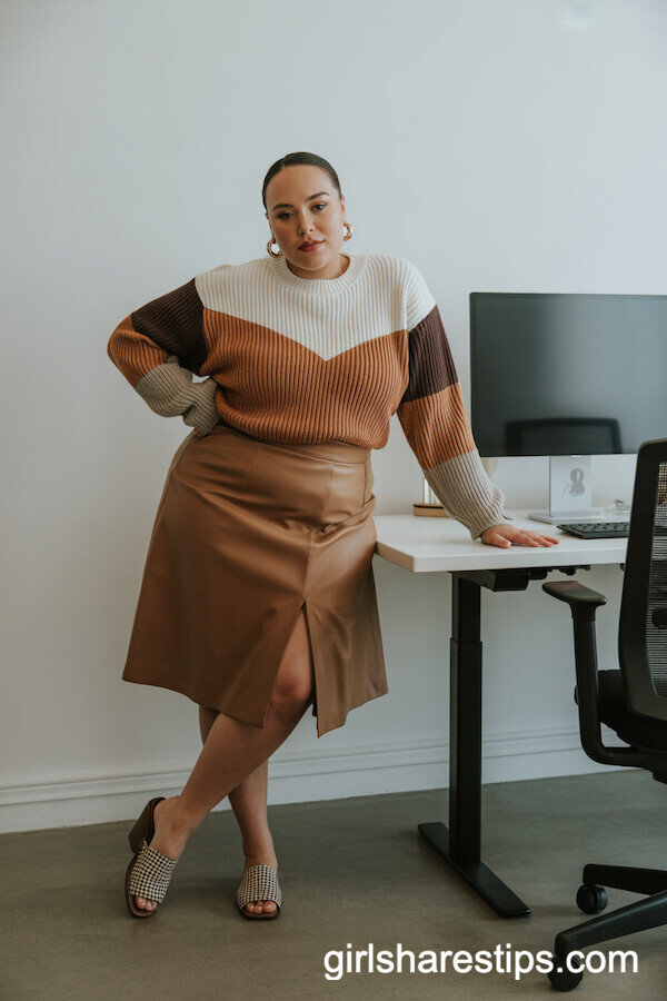 Color-block knit sweater and structured skirt