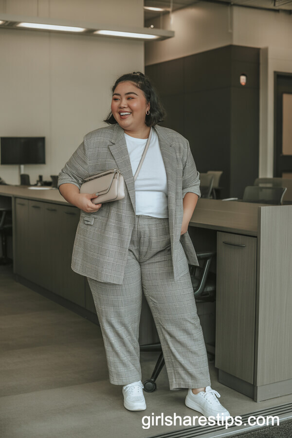Gray plaid suit with white sneakers