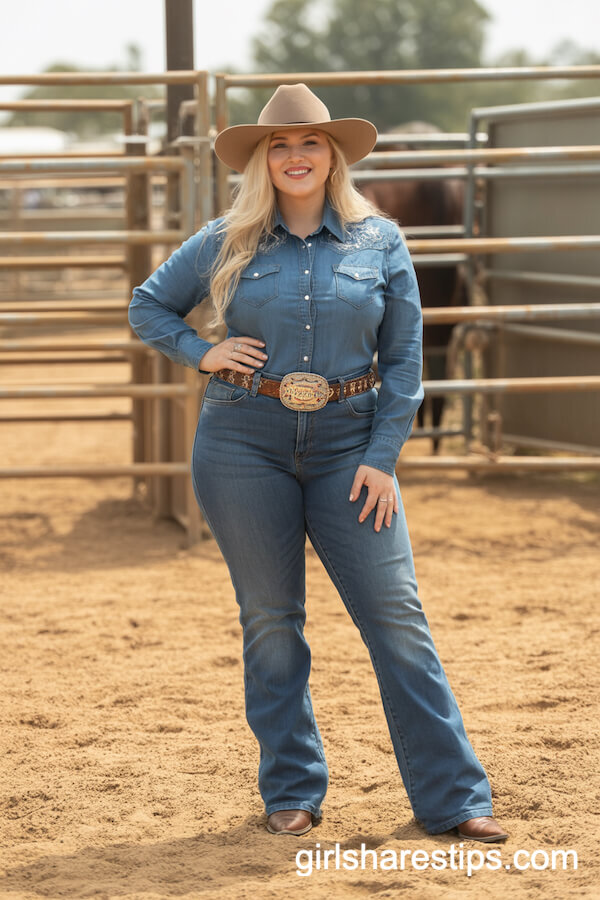 Fitted Denim Shirt with High-Waisted Bootcut Jeans and Cowboy Boots