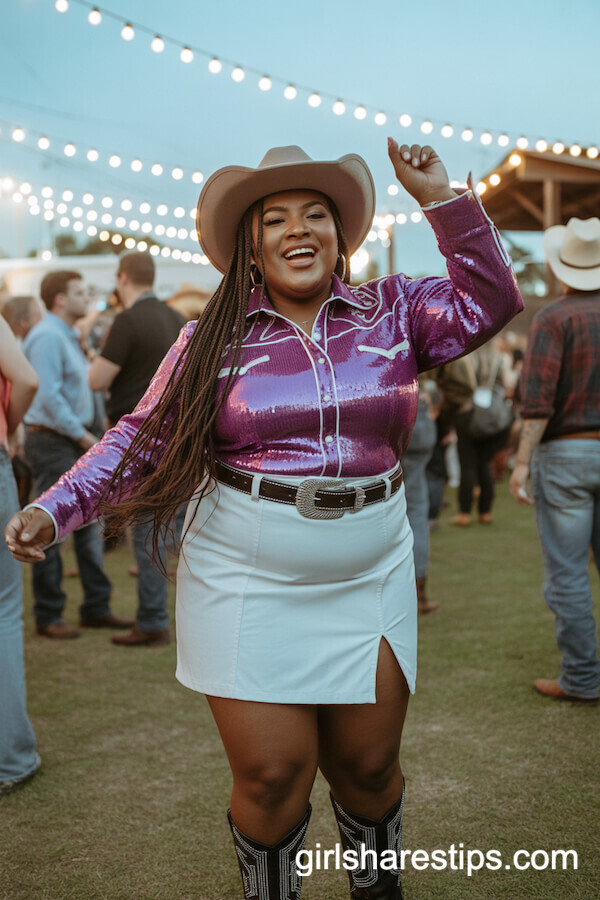 Purple Sequined Western Shirt with White Mini Skirt and Rhinestone Boots