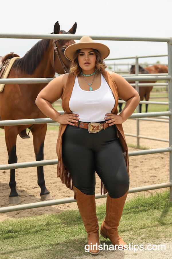 Black Leggings with Brown Suede Chaps and Tall Western Hat