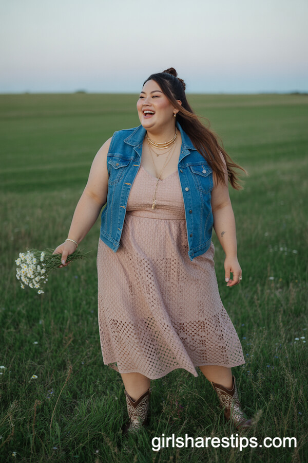 Crocheted Midi Dress with Blue Denim Vest and Western Booties
