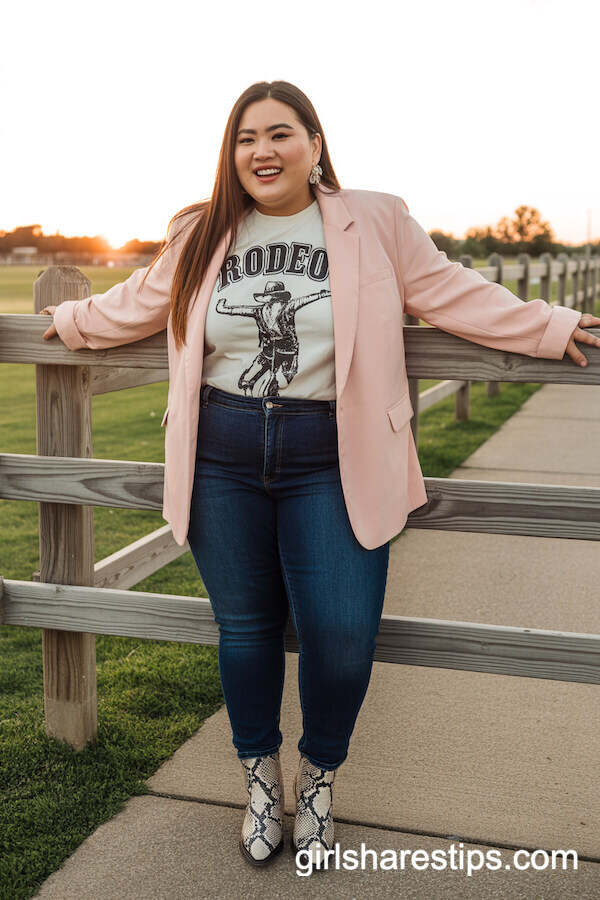 Pastel Pink Blazer with Graphic Rodeo Tee and Snakeskin Boots