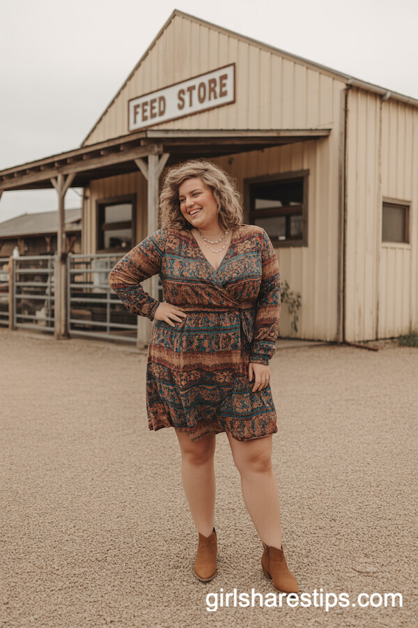 Western-Printed Wrap Dress with Brown Ankle Booties and Layered Necklaces