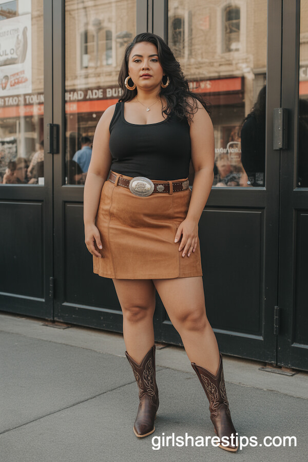 Tan Suede Mini Skirt with Black Tank Top and Statement Concho Belt