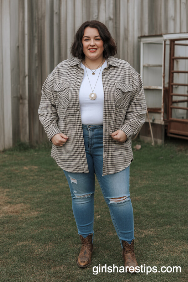 Checked Oversized Shacket with Distressed Skinny Jeans and Leather Booties