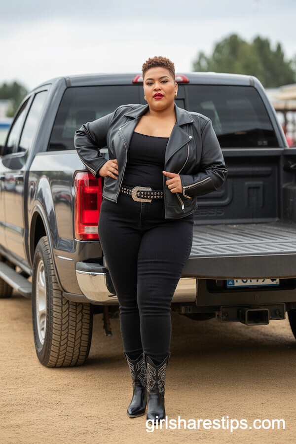 Black Faux Leather Jacket with Skinny Jeans and Heeled Cowboy Boots