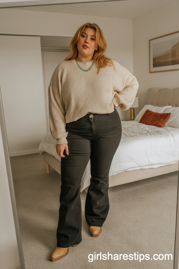 Chunky Cream Knit Sweater with Dark Flare Jeans and Tan Cowboy Boots